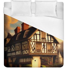 Village House Cottage Medieval Timber Tudor Split Timber Frame Architecture Town Twilight Chimney Duvet Cover (king Size) by Posterlux