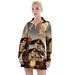 Village House Cottage Medieval Timber Tudor Split Timber Frame Architecture Town Twilight Chimney Women s Long Sleeve Casual Dress by Posterlux