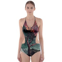Night Sky Nature Tree Night Landscape Forest Galaxy Fantasy Dark Sky Planet Cut-out One Piece Swimsuit by Posterlux