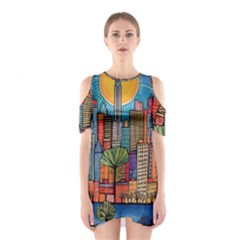 City New York Nyc Skyscraper Skyline Downtown Night Business Urban Travel Landmark Building Architec Shoulder Cutout One Piece Dress by Posterlux