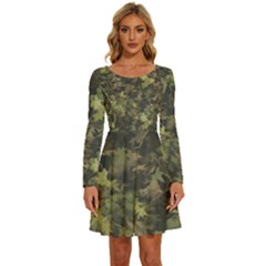 Green Camouflage Military Army Pattern Long Sleeve Wide Neck Velvet Dress by Maspions