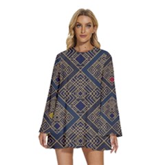 Pattern Seamless Antique Luxury Round Neck Long Sleeve Bohemian Style Chiffon Mini Dress by Maspions