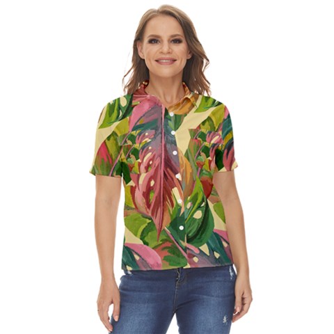 Monstera Colorful Leaves Foliage Women s Short Sleeve Double Pocket Shirt by Maspions