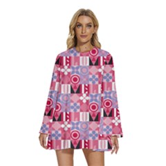 Scandinavian Abstract Pattern Round Neck Long Sleeve Bohemian Style Chiffon Mini Dress by Maspions