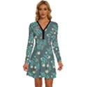 Illustration Pattern Seamless Long Sleeve Deep V Mini Dress  View1