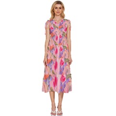 Pink Glowing Flowers V-neck Drawstring Shoulder Sleeveless Maxi Dress by Sparkle