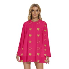 Illustrations Heart Pattern Design Round Neck Long Sleeve Bohemian Style Chiffon Mini Dress by Maspions