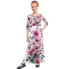 Flora Floral Flower Petal Kids  Quarter Sleeve Maxi Dress by Maspions