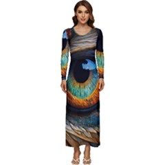 Eye Bird Feathers Vibrant Long Sleeve Longline Maxi Dress by Hannah976