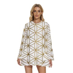 Gold Flower Of Life Sacred Geometry Round Neck Long Sleeve Bohemian Style Chiffon Mini Dress by Maspions