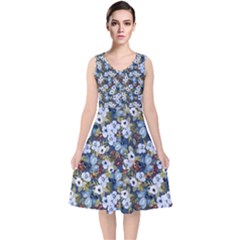 Blue Flowers Dark Blue Flowers V-neck Midi Sleeveless Dress  by DinkovaArt