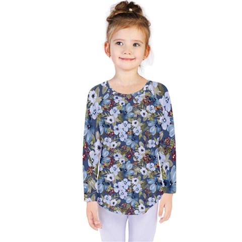 Blue Flowers 2 Kids  Long Sleeve T-shirt by DinkovaArt