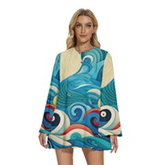 Waves Wave Ocean Sea Abstract Whimsical Round Neck Long Sleeve Bohemian Style Chiffon Mini Dress by Maspions