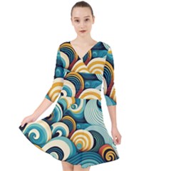 Wave Waves Ocean Sea Abstract Whimsical Quarter Sleeve Front Wrap Dress by Maspions