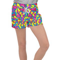 Colorful-graffiti-pattern-blue-background Women s Velour Lounge Shorts by designsbymallika