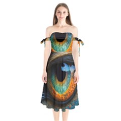 Eye Bird Feathers Vibrant Shoulder Tie Bardot Midi Dress by Hannah976