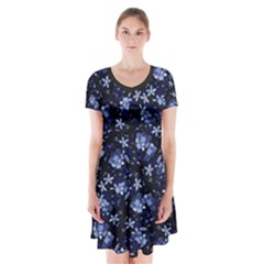 Stylized Floral Intricate Pattern Design Black Backgrond Short Sleeve V-neck Flare Dress by dflcprintsclothing