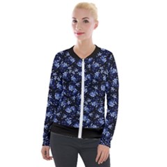 Stylized Floral Intricate Pattern Design Black Backgrond Velvet Zip Up Jacket by dflcprintsclothing