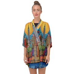 City New York Nyc Skyscraper Skyline Downtown Night Business Urban Travel Landmark Building Architec Half Sleeve Chiffon Kimono by Posterlux