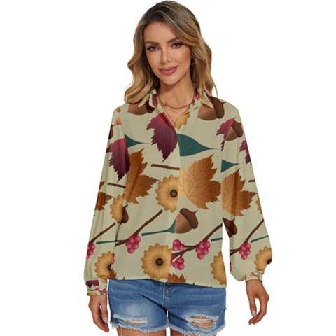 Autumn Leaves Colours Season Women s Long Sleeve Button Up Shirt by Ravend