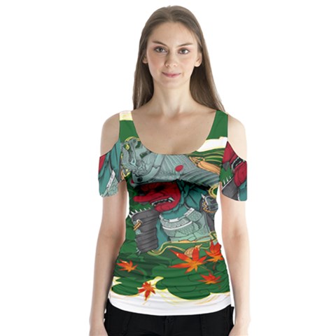 Armor Japan Maple Leaves Samurai Mask Cut Butterfly Sleeve Cutout T-shirt  by Ndabl3x