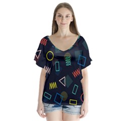 Memphis Seamless Patterns Abstract Jumble Textures V-neck Flutter Sleeve Top by Hannah976