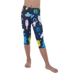 Big Set Cute Astronauts Space Planets Stars Aliens Rockets Ufo Constellations Satellite Moon Rover V Kids  Lightweight Velour Capri Leggings  by Bedest