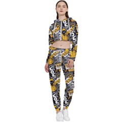 Boom Bang Art Crazy Drawing Graffiti Hello Retro Sayings Yellow Cropped Zip Up Lounge Set by Bedest