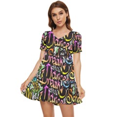 Graffiti Word Seamless Pattern Tiered Short Sleeve Babydoll Dress by Bedest