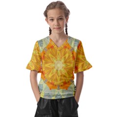 Sunshine Sunny Sun Abstract Yellow Kids  V-neck Horn Sleeve Blouse by Ravend