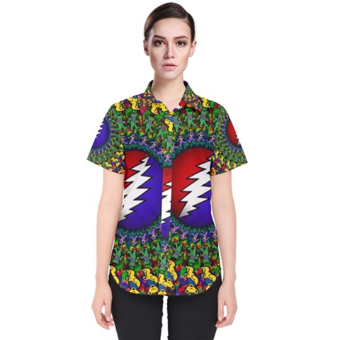 Grateful Dead Bear Pattern Women s Short Sleeve Shirt by Maspions