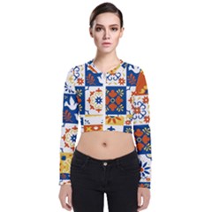 Mexican Talavera Pattern Ceramic Tiles With Flower Leaves Bird Ornaments Traditional Majolica Style Long Sleeve Zip Up Bomber Jacket by Ket1n9