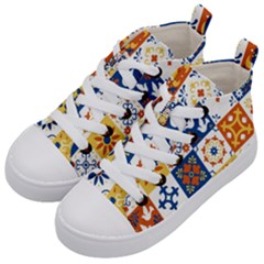 Mexican Talavera Pattern Ceramic Tiles With Flower Leaves Bird Ornaments Traditional Majolica Style Kids  Mid-top Canvas Sneakers by Ket1n9