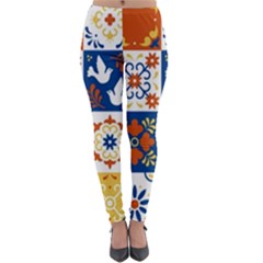 Mexican Talavera Pattern Ceramic Tiles With Flower Leaves Bird Ornaments Traditional Majolica Style Lightweight Velour Leggings by Ket1n9