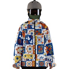 Mexican Talavera Pattern Ceramic Tiles With Flower Leaves Bird Ornaments Traditional Majolica Style Men s Zip Ski And Snowboard Waterproof Breathable Jacket by Ket1n9