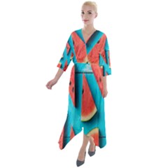 Watermelon Blue Background Quarter Sleeve Wrap Front Maxi Dress by Azkajaya