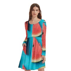 Watermelon Blue Background Long Sleeve Knee Length Skater Dress With Pockets by Azkajaya