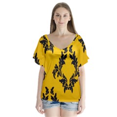 Yellow Regal Filagree Pattern V-neck Flutter Sleeve Top by Azkajaya