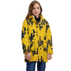 Yellow Regal Filagree Pattern Kids  Hooded Longline Puffer Jacket by Azkajaya