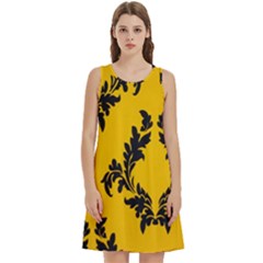 Yellow Regal Filagree Pattern Round Neck Sleeve Casual Dress With Pockets by Azkajaya