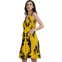 Yellow Regal Filagree Pattern Sleeveless V-neck Skater Dress With Pockets by Azkajaya