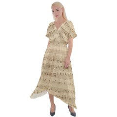 Vintage Beige Music Notes Cross Front Sharkbite Hem Maxi Dress by Loisa77