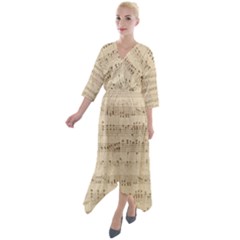 Vintage Beige Music Notes Quarter Sleeve Wrap Front Maxi Dress by Loisa77