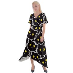 Cat Pattern Pet Drawing Eyes Cross Front Sharkbite Hem Maxi Dress by Loisa77