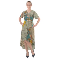 Vintage World Map Front Wrap High Low Dress by Ket1n9