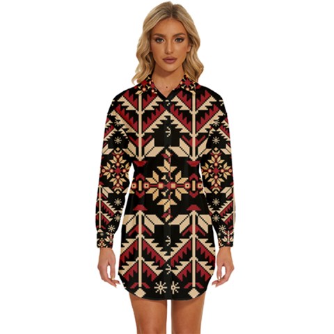 Vector Illustration Of Ukrainian Folk Seamless Pattern Ethnic Ornament Border Element Traditional Womens Long Sleeve Shirt Dress by Bedest