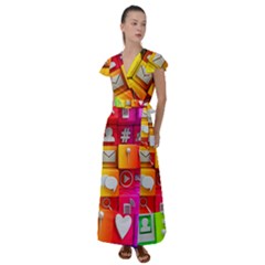 Colorful 3d Social Media Flutter Sleeve Maxi Dress by Ket1n9