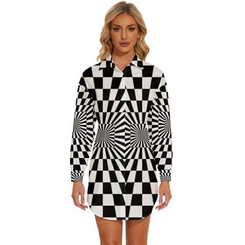 Optical-illusion-chessboard-tunnel Womens Long Sleeve Shirt Dress by Bedest