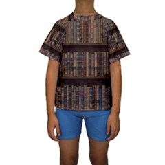 Old Bookshelf Orderly Antique Books Kids  Short Sleeve Swimwear by Ravend