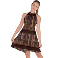 Old Bookshelf Orderly Antique Books Sleeveless Halter Neck A-line Dress by Ravend